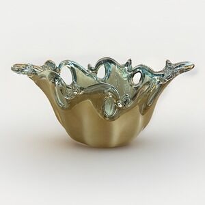 Murano White Cristal Art Glass Bowl Hand Blown Italy Ruffled Edge Large 13in MCM